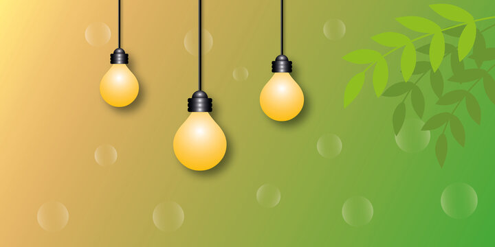 Light bulb symbol with leaf and bubbles on colourful nature background. Concept for Creative idea or inspiration. New idea, solution. leader or leadership. illustration paper cut design style.