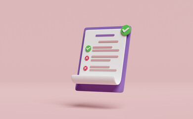 purple clipboard white checklist paper with check isolated on pink background. project plan, business strategy concept, 3d illustration, 3d render