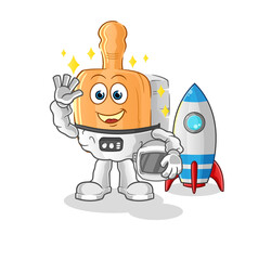 wooden brush astronaut waving character. cartoon mascot vector