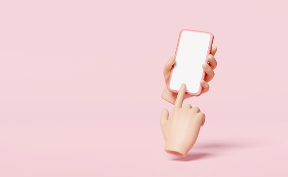 3d hand holding smartphone isolated on pink background. hand using mobile phone, screen phone template, empty screen phone mockup, minimal concept, 3d render illustration