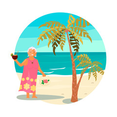Elderly woman character with coconut cocktail on a sea beach