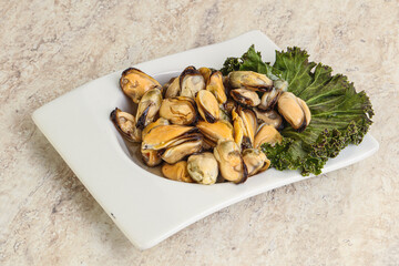 Tasty marinated mussels in the bowl