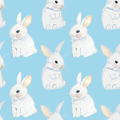White bunny seamless pattern. Watercolor drawn cute rabbits on a blue background. Animal children's print. Cartoon backdrop of hares. For fabric and wallpaper.