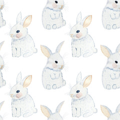 White bunny seamless pattern. Watercolor drawn cute rabbits on a white background. Animal children's print. Cartoon backdrop of hares. For fabric and wallpaper.