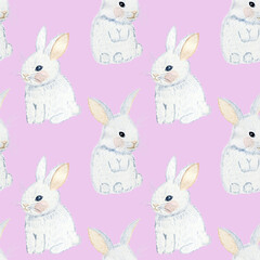 White bunny seamless pattern. Watercolor drawn cute rabbits on a pink background. Animal children's print. Cartoon backdrop of hares. For fabric and wallpaper.	