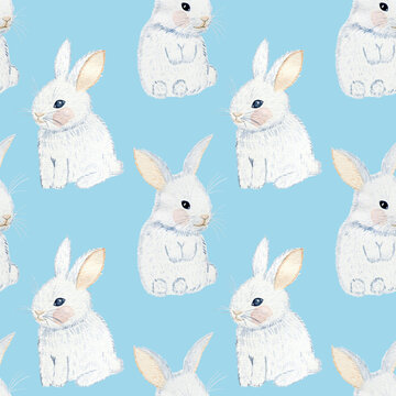 White bunny seamless pattern. Watercolor drawn cute rabbits on a blue background. Animal children's print. Cartoon backdrop of hares. For fabric and wallpaper.