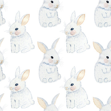 White bunny seamless pattern. Watercolor drawn cute rabbits on a white background. Animal children's print. Cartoon backdrop of hares. For fabric and wallpaper.