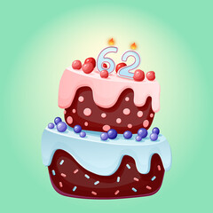 Sixty two years birthday cake with candles number 62. Cute cartoon festive vector image. Chocolate biscuit with berries, cherries and blueberries. Happy Birthday illustration for parties