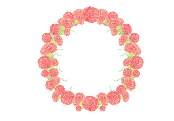 イラスト素材：水彩絵の具で手描きしたリース　母の日カーネーション
