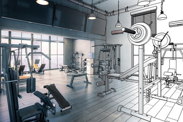 Body Building Center With Exercise Machines Integrated Inside a Penthouse Recreation Area (draft) - 3D Visualization