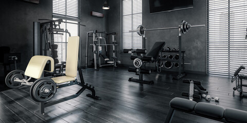 Body Building Center With Exercise Machines Integrated Inside a Penthouse Fitness Area - panoramic black and white 3D Visualization
