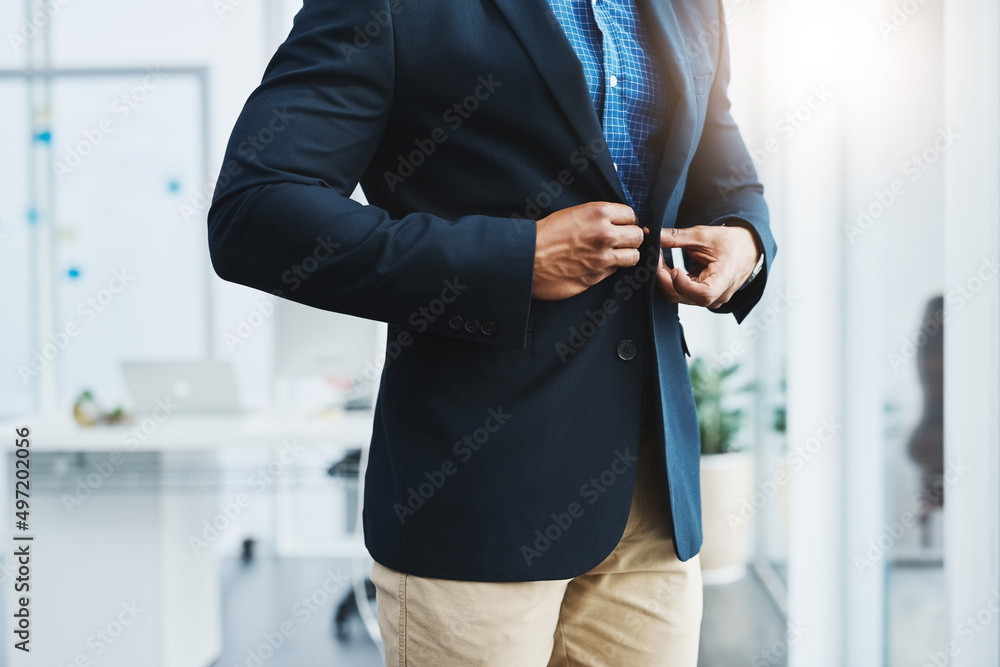 Poster Take pride in your appearance. Closeup shot of an unrecognizable businessman fastening a button on his blazer in an office.