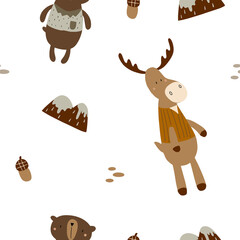 Seamless pattern of cute forest animals: bear, deer and gifts of nature. For decorating textiles and nursery