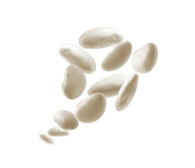 White beans levitate on a white background