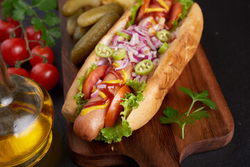 Gourmet grilled all beef hot dog with sides and chips. Delicious and simple hot dogs with mustard,...