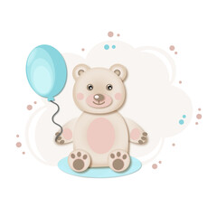 Fototapeta na wymiar teddy bear with blue balloon. baby shower card