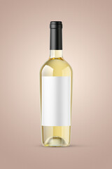 A clear bottle of white wine isolated on a brown background for mockup presentation projects.