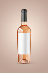A clear bottle of rose wine isolated on a brown background for mockup presentation projects.