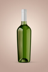 A green bottle of white wine isolated on a orange background for mockup presentation projects.