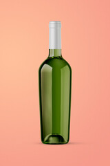 A green bottle of white wine isolated on a orange background for mockup presentation projects.