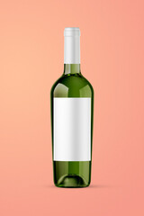 A green bottle of white wine isolated on a orange background for mockup presentation projects.