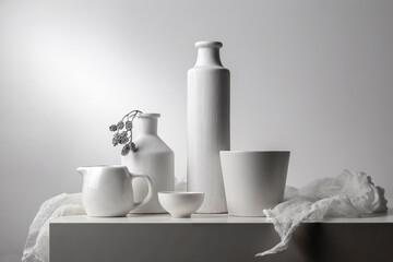 White still life with white dishes on a white background