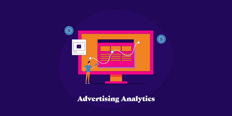 Businessman analysing company data analytics on screen, Online business analytics BA,  advertising kpi and financial report on screen. Flat design web banner template.