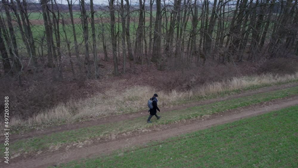 Poster a man in a black coat and hat walking with a backpack along a row of trees along a path near a field