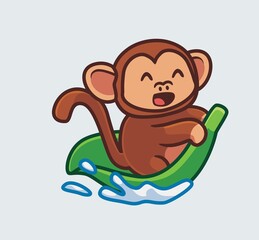 cute monkey playing giant leaf on water. isolated cartoon animal nature illustration. Flat Style suitable for Sticker Icon Design Premium Logo vector. Mascot Character