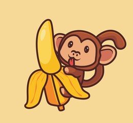 cute hungry monkey want to eat giant banana. isolated cartoon animal nature illustration. Flat Style suitable for Sticker Icon Design Premium Logo vector. Mascot Character