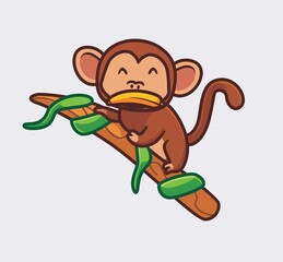cute monkey eating banana on branches tree. isolated cartoon animal nature illustration. Flat Style suitable for Sticker Icon Design Premium Logo vector. Mascot Character