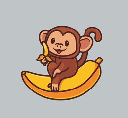 cute monkey eating giant banana.isolated cartoon animal nature illustration. Flat Style suitable for Sticker Icon Design Premium Logo vector. Mascot Character
