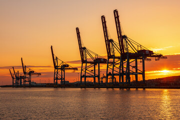 Fototapeta na wymiar Seaport with container cranes at a beautiful sunset