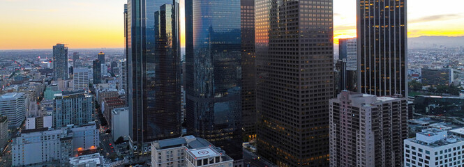 Los Angeles downtown panoramic city with skyscrapers. California theme with LA background. Los Angels city center, business center office building.