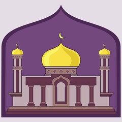 Cute cartoon mosque. Ramadan kareem. Happy Ied Mubarak. Islamic card. Vector illustration for sticker or icon