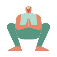 Vector isolated concept with flat female character. Sportive adult blonde woman learns stretching posture for meditation and does Garland Pose at yoga class. Basic seated exercise - Malasana