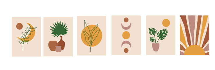 Collection of modern minimalist abstractions in boho style: sunset or sunrise, plants (monstera and palm) in pots and vases with geometric shapes on a beige background