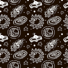 Seamless pattern of rockets, planets, comets, asteroids and stars. Vector in cartoon style. Black hole. Sun. Stars. Solar system on a black background. Can be used for greeting cards, children's.