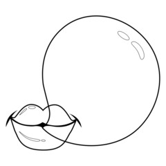 Lips blowing a bubblegum bubble. Vector black and white coloring page