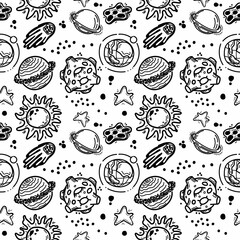 Seamless pattern of planets, comets, asteroids and stars. Vector in cartoon style. Sun. Stars. Solar system on white background. Can be used for greeting cards, children's fashion.