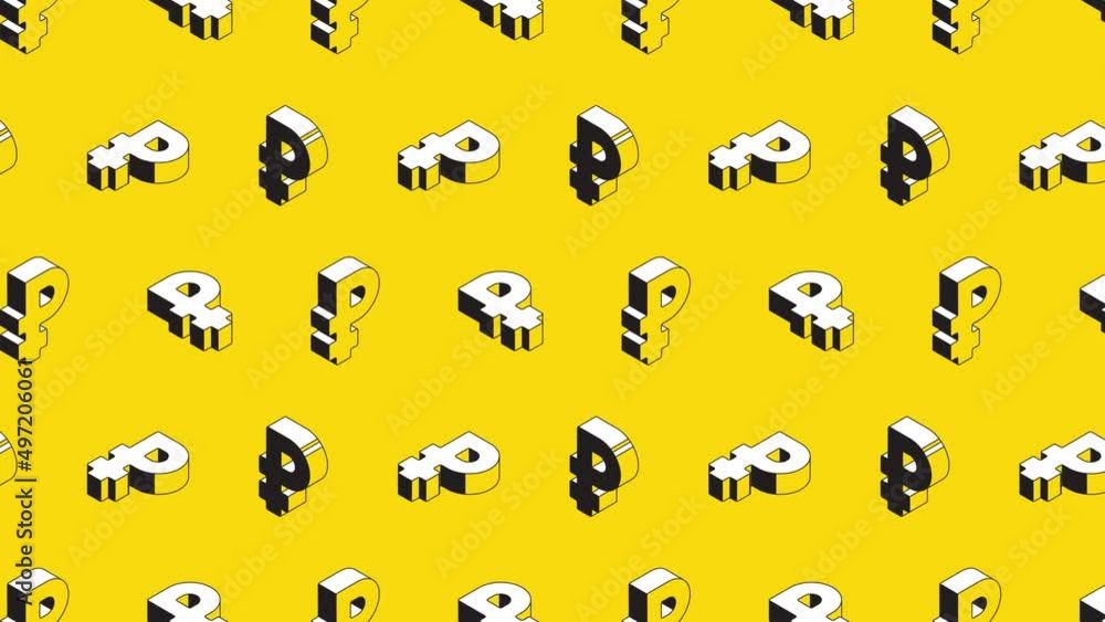 Aufkleber isometric symbols of russian ruble in animated pattern on a yellow background. seamless loop animate