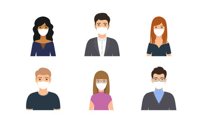 Avatar people in medical masks. Business person icon. Set office men, women. Faces characters in flat design. Cartoon vector illustration. Team male, female workers isolated on white background.