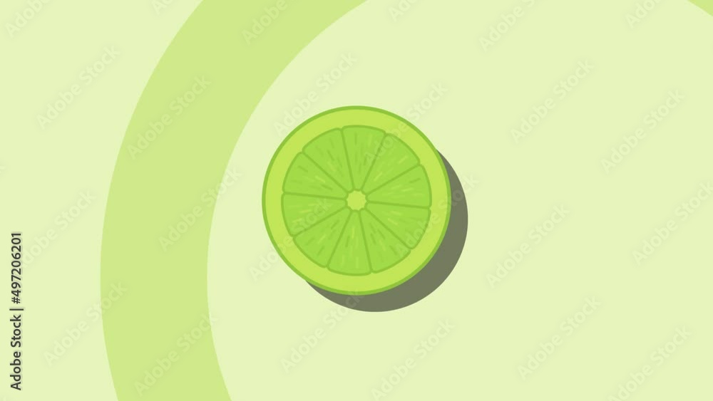 Poster animated fruit symbol of lime on a green background. seamless loop food animation with simple stylis