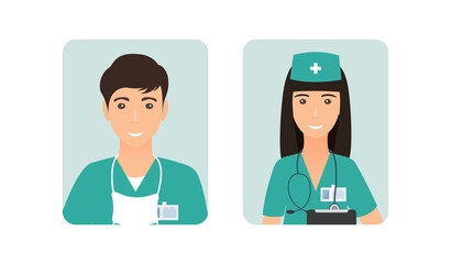 Avatars nurse in uniform. Medic male and female icons. Faces man and woman medical specialist with stethoscope. Flat design. Vector illustration.