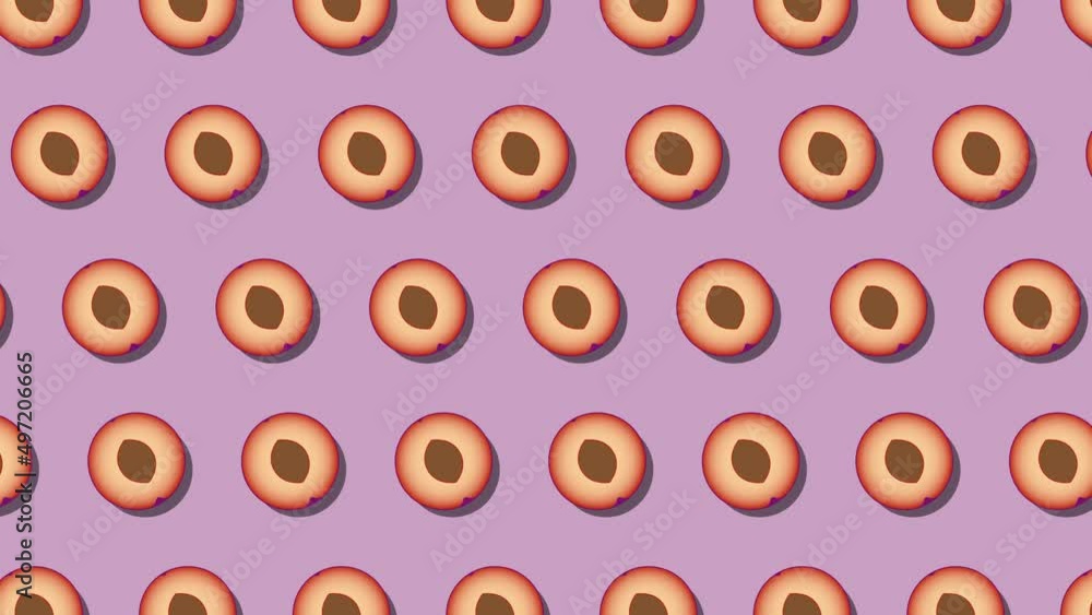 Poster pattern of animated fruit icons of plum on a violet background. seamless loop food animation with si