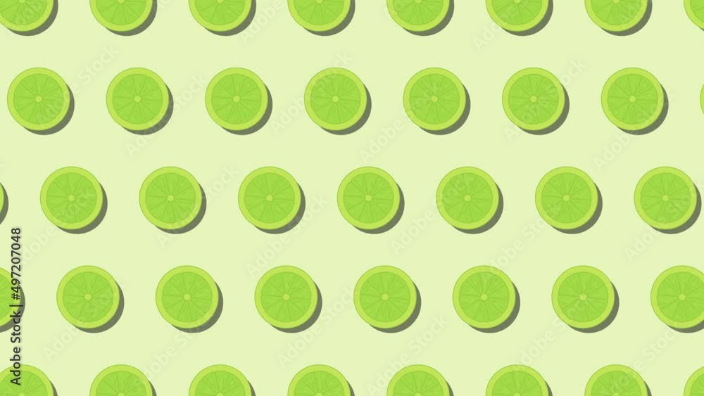 Poster pattern of animated fruit icons of lime on green background. seamless loop food animation with simpl