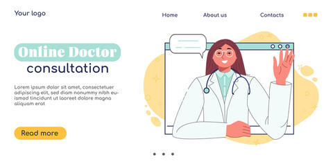 Online medical consultation, remote therapy, support banner. Online doctor. Female physician character in computer screen. Healthcare services, tele medicine landing page design. Vector illustration - obrazy, fototapety, plakaty