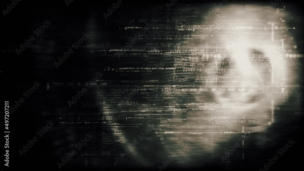 Aufkleber Futuristic abstract de-focus flowing data matrix, telemetry and encrypt numbers display with particles simulation in cyber space environment for head up display loop background