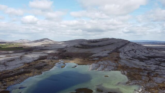 Burren National Park, mountains and lakes on a sunny day
