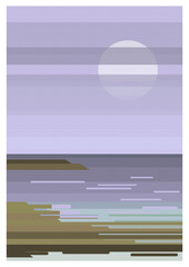 Fields panorama flat vector illustration. Beautiful simple scenery with scenic views. Calm beautiful sea from geometric shapes. Natural environment, vibrant nature.